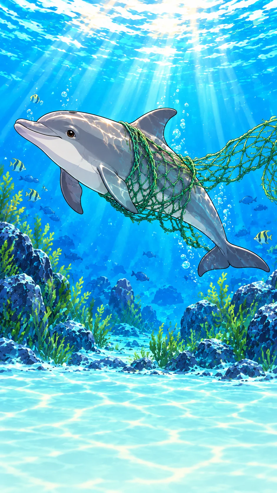 A grey dolphin is tangled in a green fishing net beneath clear blue water.