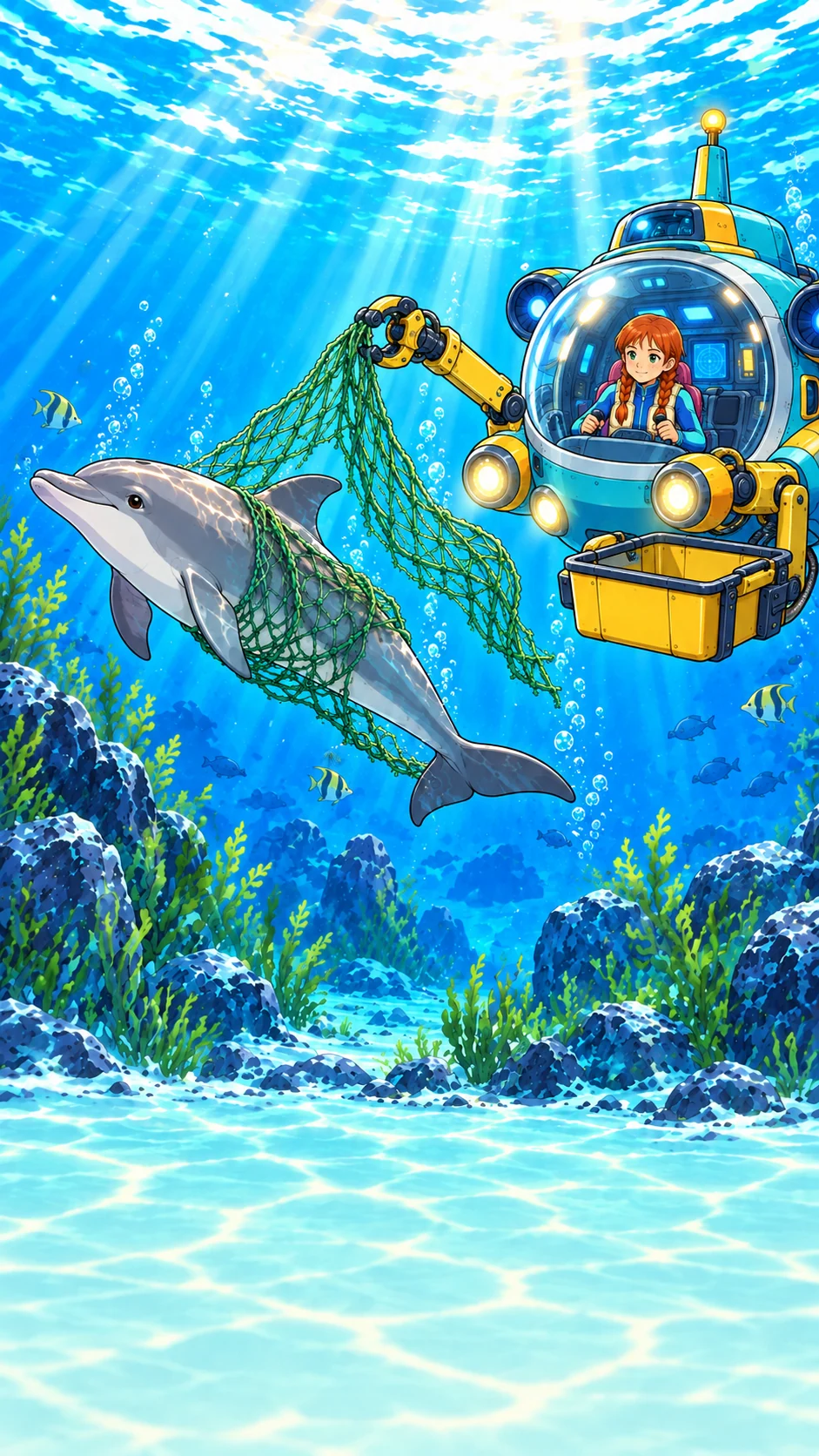 Marin, with two copper braids, guides Ripple's yellow grab arm towards the net around the dolphin.