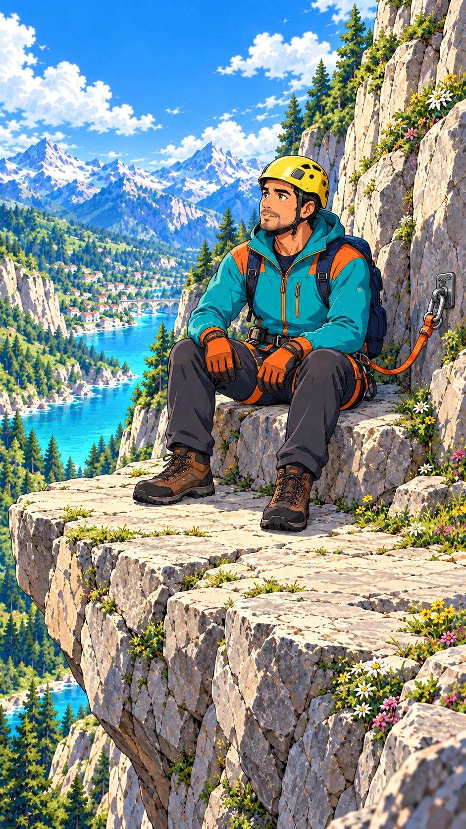 A climber in a yellow helmet waits on a broad rocky ledge, with his harness tethered to the rock.