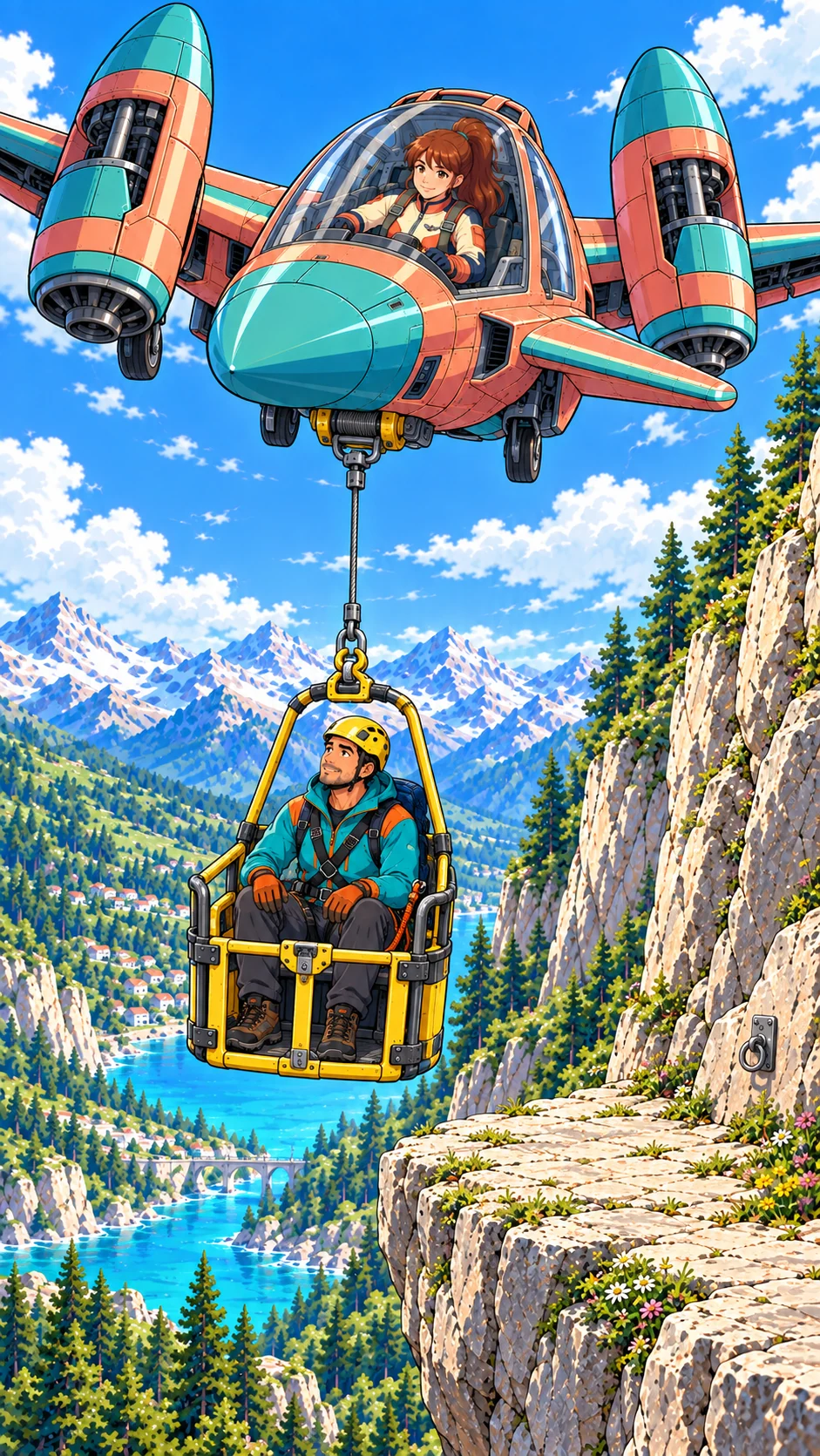 Astra concentrates at Skylark's controls, with the aircraft's winch and cable visible below.
