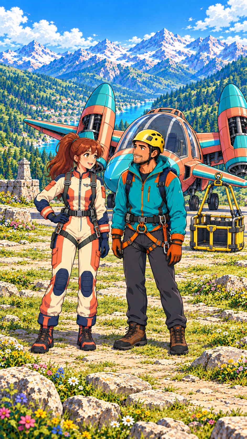 Astra and the climber smile on safe summit ground beside the landed Skylark and its empty rescue basket.
