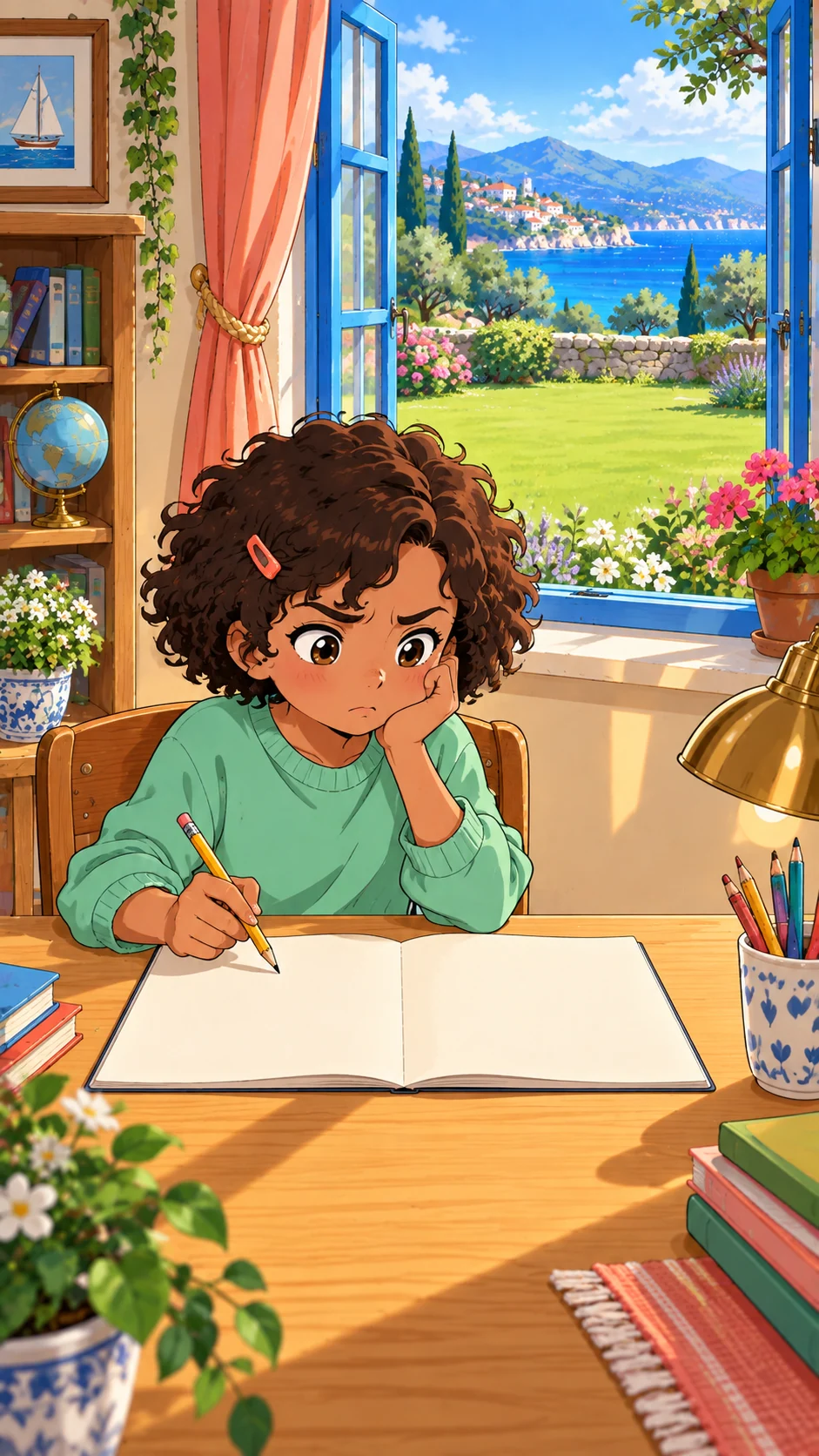 A curly-haired child in a mint jumper looks puzzled over an open workbook.