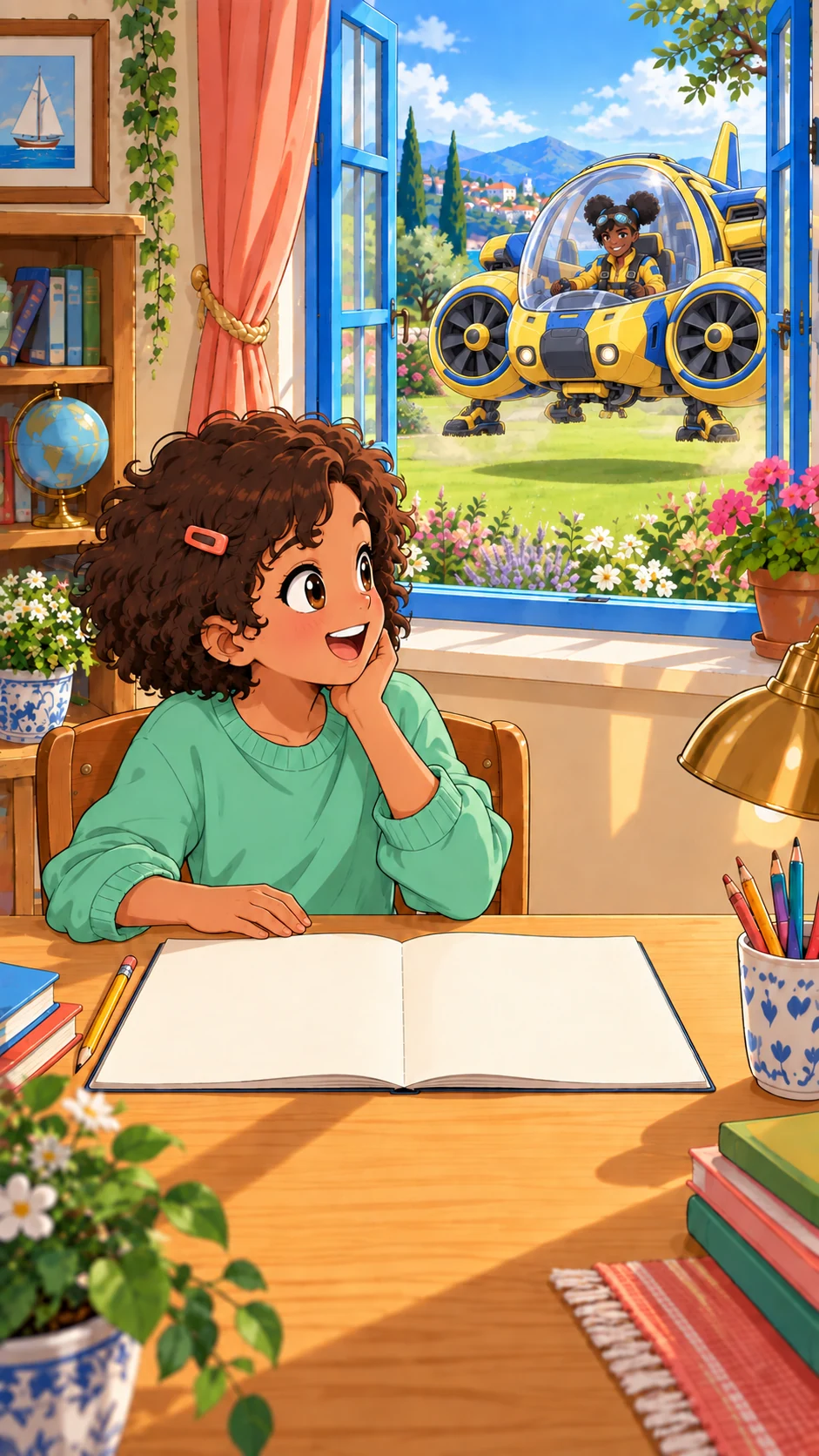 The child smiles as Juno arrives outside the window in yellow-and-blue Bumble, with its two ducted fans.