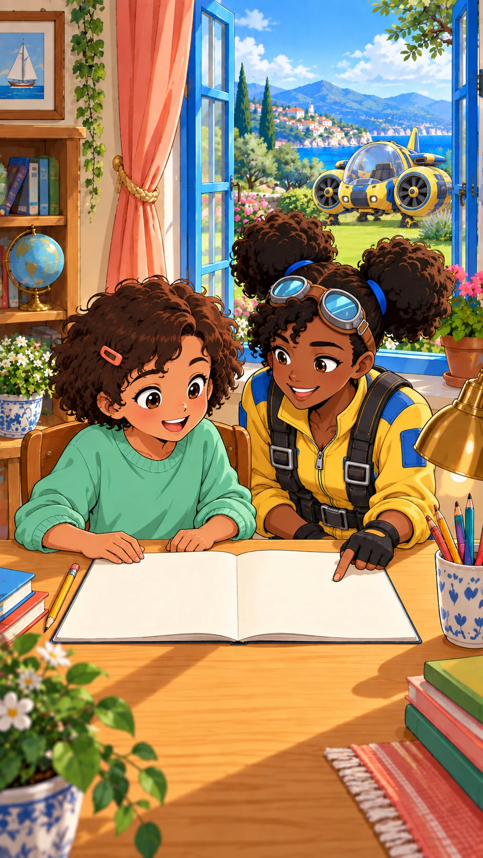 Juno and the child smile together over the workbook, with Bumble parked in the garden.