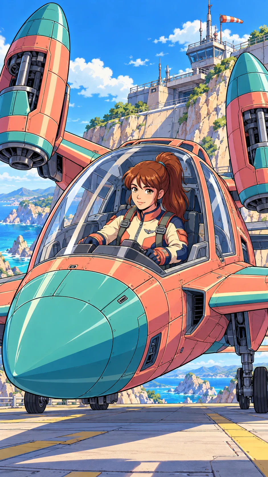 Astra, with her chestnut ponytail, at the controls of coral-and-teal Skylark.