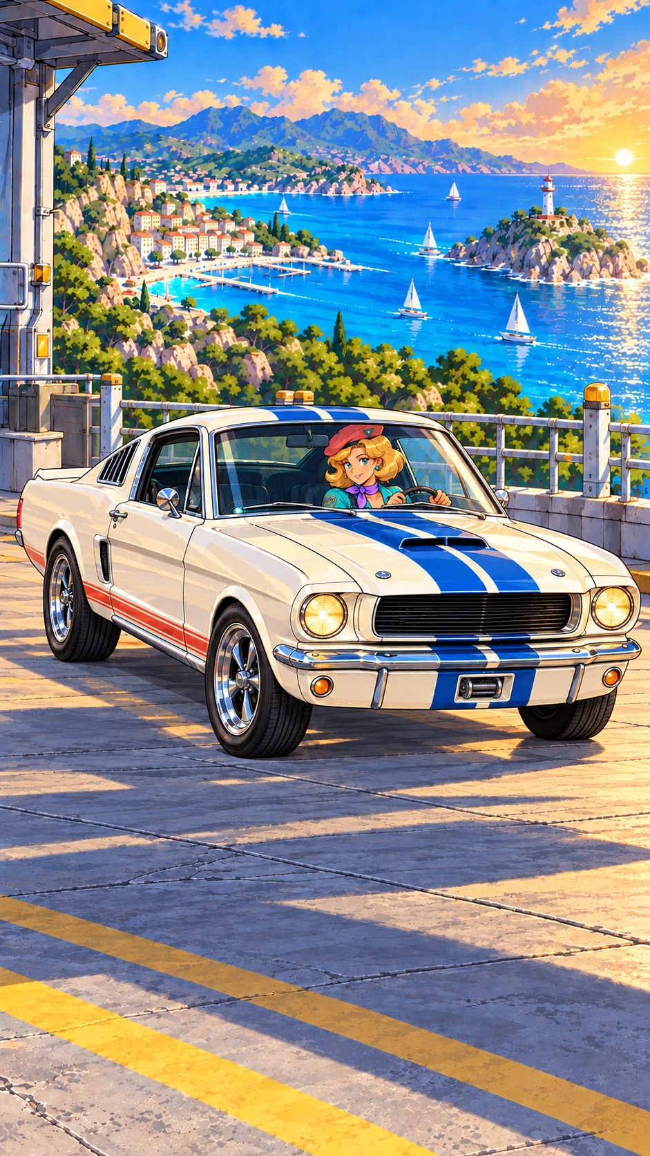 Cleo sits behind the wheel of Magpie, her white classic road car with blue racing stripes.
