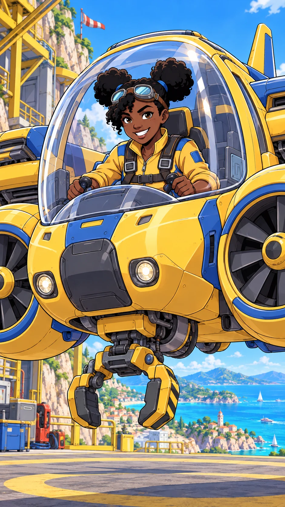Juno, with two puff buns and goggles, pilots her yellow-and-cobalt twin-fan rescue craft Bumble.