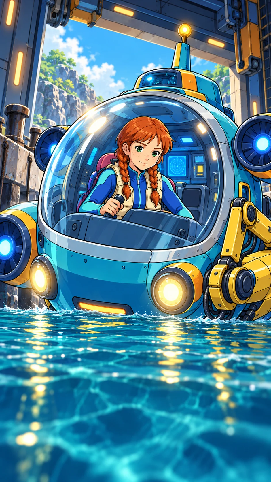 Marin, with two copper braids, sits inside the clear canopy of her aqua rescue submarine Ripple.