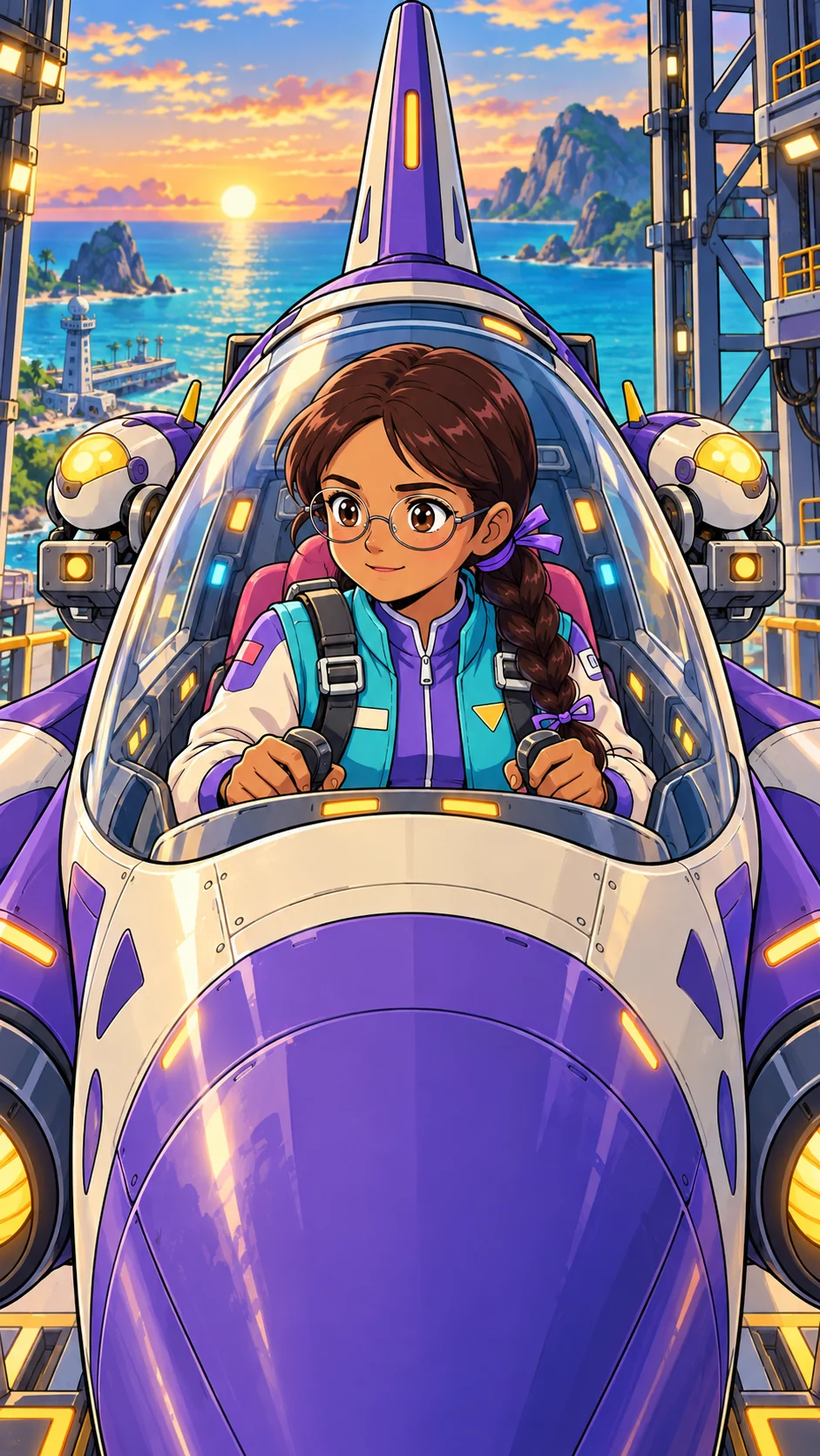 Pip wears round glasses and a violet suit with a turquoise vest in her violet-and-cream rescue pod.