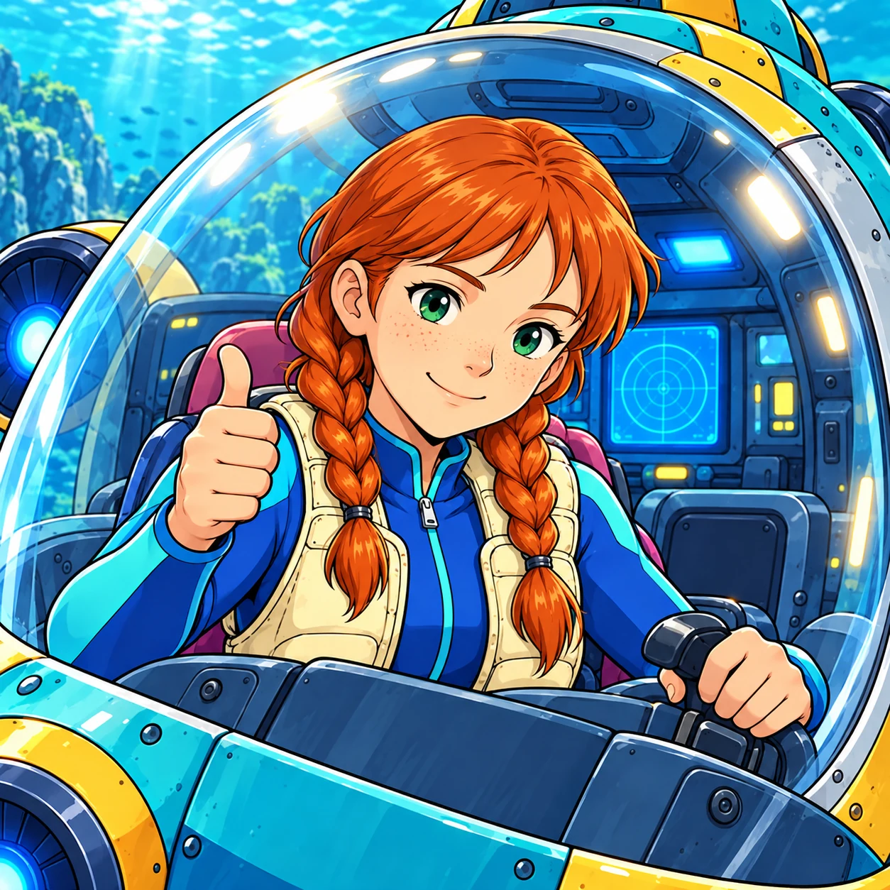 Marin smiles and gives you a thumbs-up from Ripple’s cockpit.