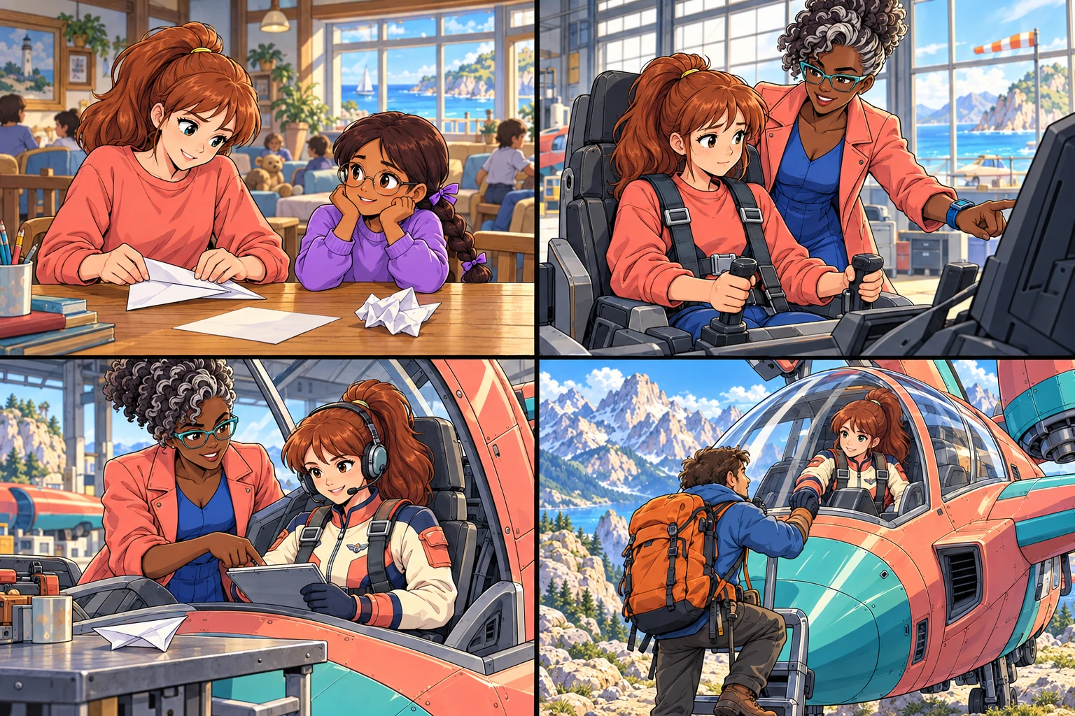 Young Astra folds a paper plane beside little Pip at a table in Harbour House.