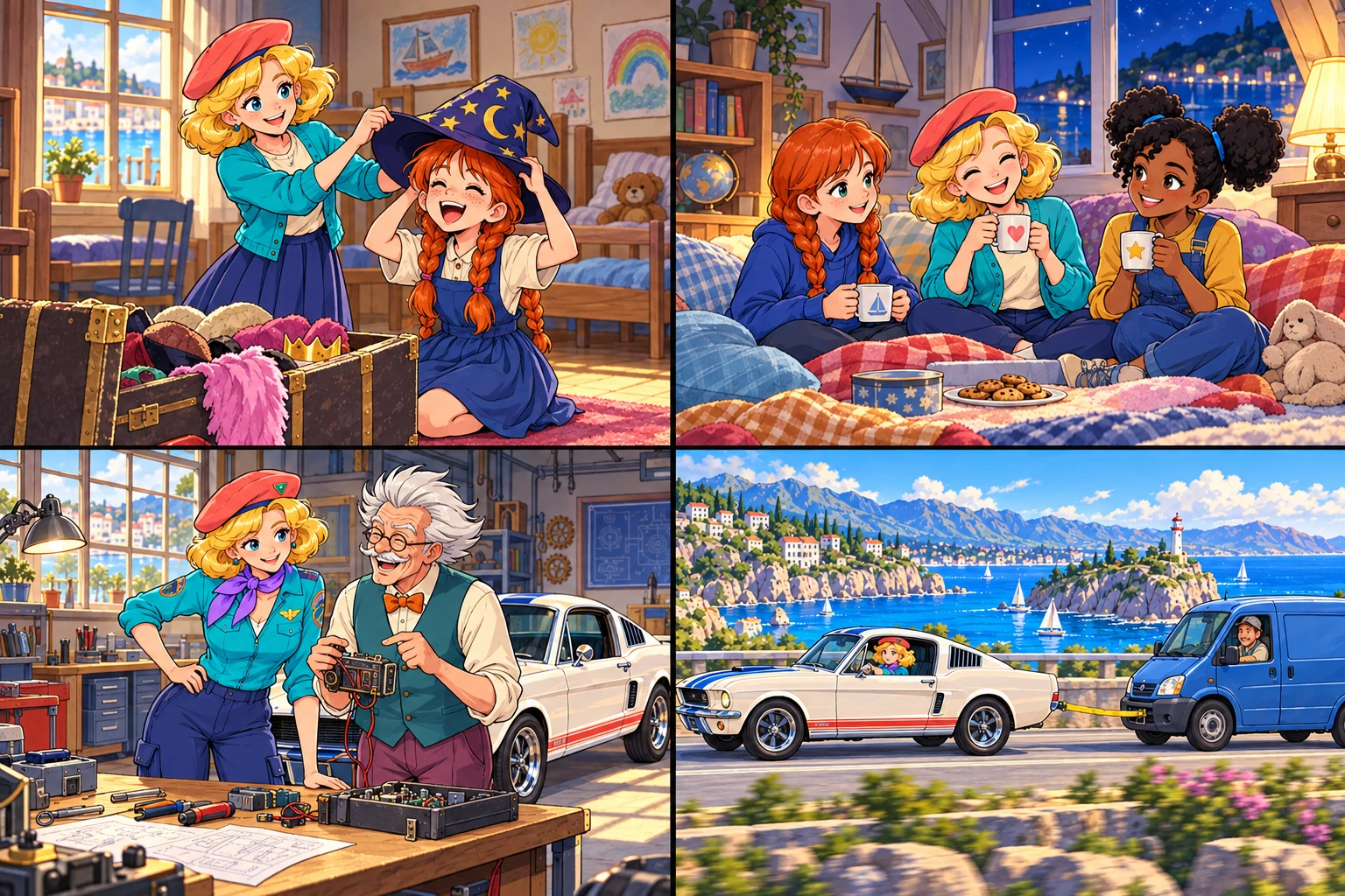 Young Cleo offers a funny dress-up hat to younger Marin beside a trunk at Harbour House.