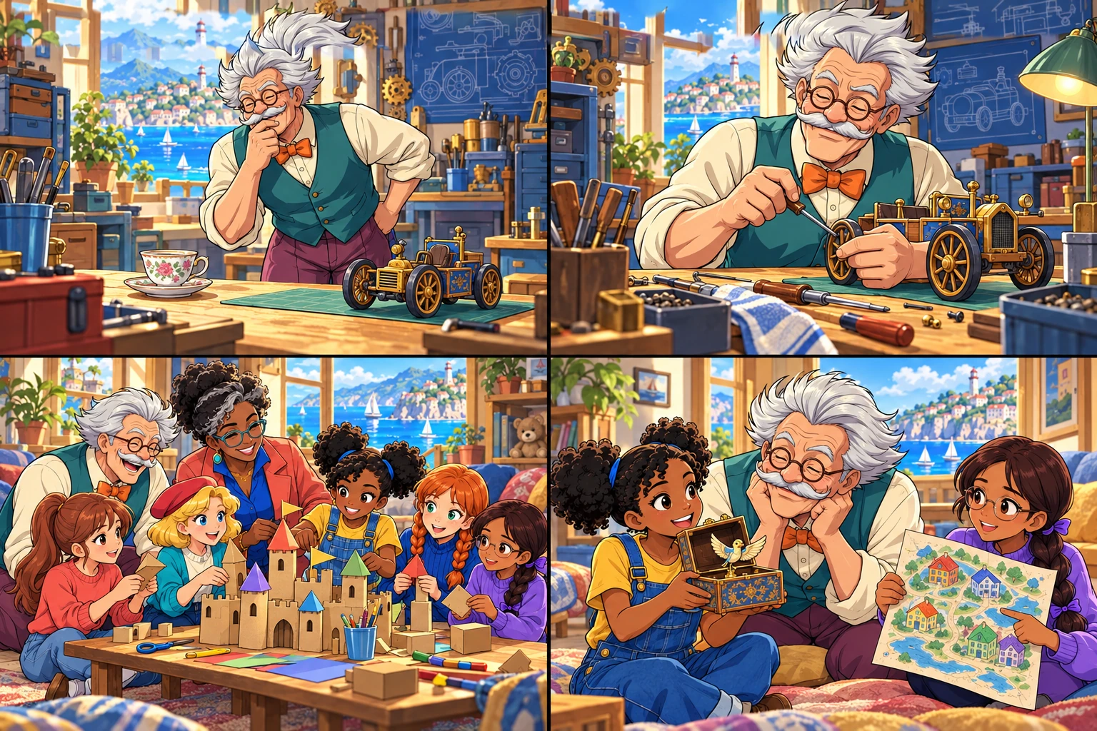 Felix searches his colourful workshop for a teacup while it sits in plain sight beside a small harmless wheeled invention.