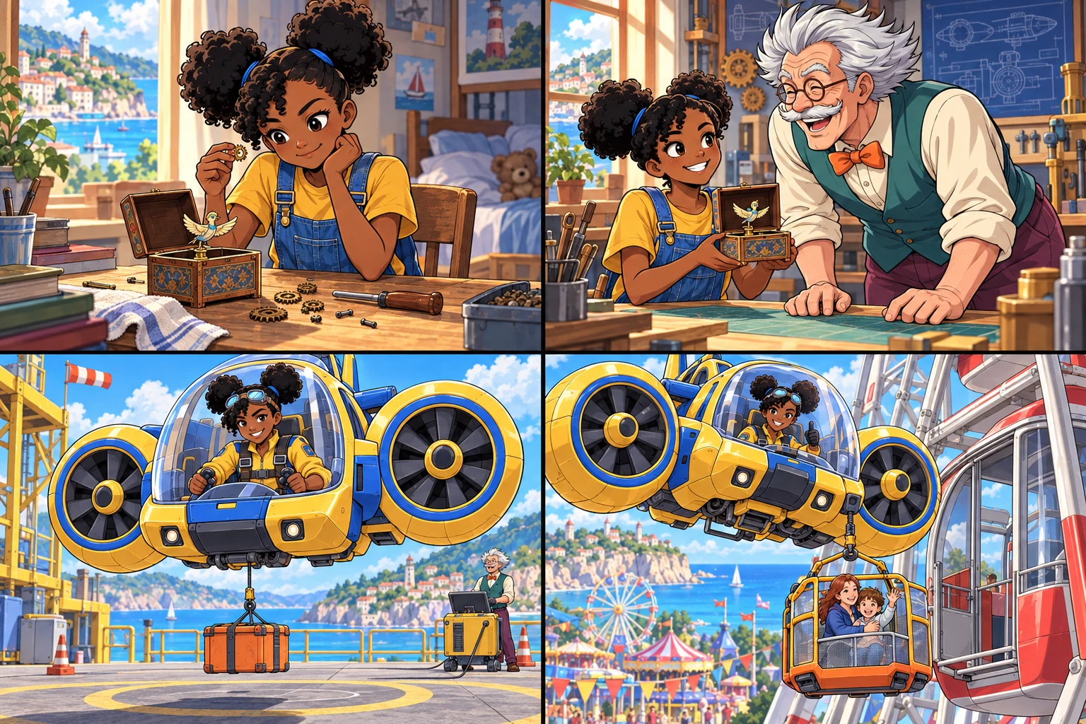 Four illustrated moments from Juno’s story, from fixing a music box to piloting Bumble.