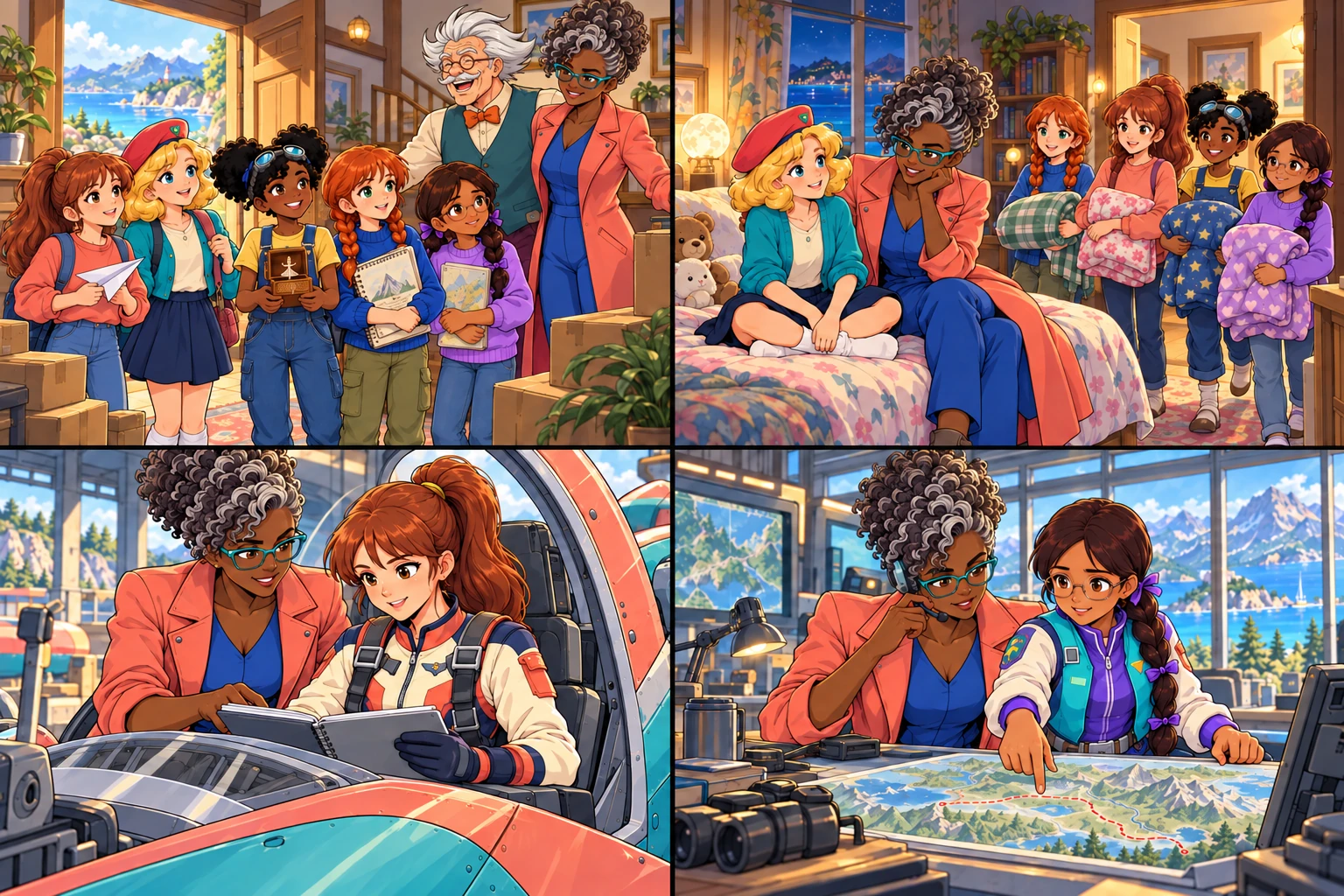 Vivienne and Felix warmly welcome all five young girls inside Skylock House on moving day, with small boxes and familiar belongings.